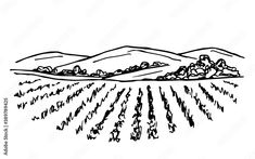 a black and white drawing of a field with hills in the background, on a clear day