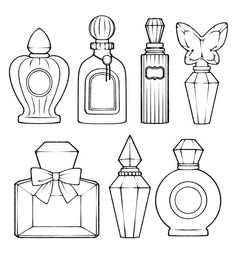 the different types of perfume bottles are shown in black and white, including one with a bow