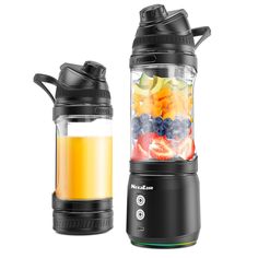 a blender filled with fruit and juice next to an empty glass container full of liquid