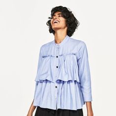 New With Tags, Zara Light Blue, High Quality, Pleated Front Detail Blouse. Center Front Button Closure And Sleeve Zipper Detail. Beautiful Piece. Size Xsmall , Purchased In Europe. Zara Bodysuit, Casual Rompers, Pleated Blouse, Zara Top, Ruffle Shirt, Crop Top Blouse, School Fashion, Zara Tops, Cardigans For Women