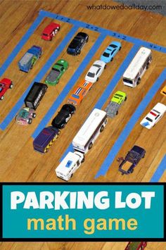 parking lot math game for kids with cars and trucks on the floor in front of them