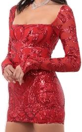 Square Neck Party Dresses With Sheer Sleeves, Red Glamorous Bodycon Dress For Formal Occasions, Glamorous Square Neck Prom Dress, Elegant Sequined Mini Dress For Red Carpet, Glamorous Square Neck Dresses For Night Out, Red Long Sleeve Mini Dress For Prom, Glamorous Fitted Mini Dress For Red Carpet, Fitted Glamorous Mini Dress For Red Carpet, Glamorous Red Bodycon Dress For Prom