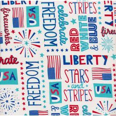 patriotic fabric with red, white and blue stars on the bottom in various font styles