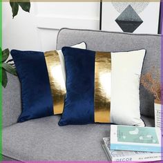 two blue and gold pillows on a gray couch next to a book, plant and magazines