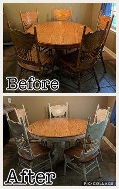 before and after pictures of a dining room table with chairs around it, including the top one that has been refinished