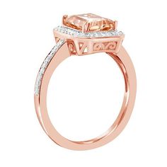 14K Rose Gold-Plated Emerald-Cut Morganite and Diamond Ring Decadent diamonds create glittering pathways to the stunning, 2-carat emerald-cut morganite that is the sparkling centerpiece of this spectacular ring.       Approx. 1/2"L x 3/8"W x 1"H; shank 1/16"W     14K rose gold-plated sterling silver     Emerald-cut morganite center stone framed in round-cut white diamonds   Stone Information       All sizes and weights approximate     Total Carat Weight: 2.34ct     Morganite - Emerald-cut; 2.08c Rose Gold Baguette Cut Diamond Jewelry, Rose Gold Emerald-cut Jewelry With Halo Setting, Emerald Cut Rose Gold Jewelry With Halo Design, Emerald Cut Rose Gold Halo Jewelry, Gold Morganite Diamond Ring With Halo Setting, Dazzling Rose Gold Baguette Cut Rings, Rose Gold Baguette Cut Jewelry With Center Stone, Rose Gold Rings With Asscher Cut And Accent Stones, Emerald Cut Rose Gold Diamond Ring With Halo Setting