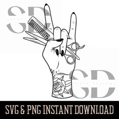 a black and white drawing of a hand with scissors in it's middle, the words svg & png instant download