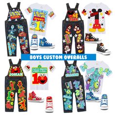 We Can Make ALL THEMES!!!! If you dont see what you are looking for just purchase this link, choose your theme,leave any specifics, and we will do the rest, its just that SIMPLE! This listing is for LONG OVERALLS ONLY,shirt and shoes are NOT included but can be created, just purchase them from our boys section. Designs will include name and age and will be similar to whats pictured but in your theme. If you are unsure just contact us prior to ordering! If you are unsure of sizing please scroll to the last photos for our size charts, or visit our size charts here--> https://pinktoesnhairbows.com/pages/size-chart All sales are FINAL, Ship dates can be found directly on the listing, please view our policies in detail here---> https://pinktoesnhairbows.com/pages/policies-terms-conditions Themed Multicolor Tops With Letter Print, Multicolor Themed Tops With Letter Print, Novelty Multicolor Tops With Character Print, Themed Multicolor Tops With Cartoon Print, Themed Multicolor Cartoon Print Tops, Customizable Multicolor Fun Tops, Customizable Fun Multicolor Tops, Fun Multicolor Customizable Tops, Customizable Cotton Novelty Tops