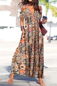 Short Sleeve Non-stretch Maxi Dress For Fall, Non-stretch Short Sleeve Maxi Dress For Fall, Flowy Casual Floor-length Dress, Flowy Floor-length Casual Dress, Casual Printed Floor-length Maxi Dress, Printed Casual Maxi Dress, Casual Short Sleeve Maxi Dress For Fall, Casual Non-stretch Printed Maxi Dress, Flowy Short Sleeve Maxi Dress For Fall