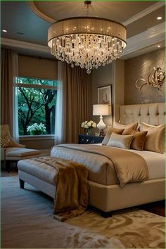 a large bed sitting under a chandelier in a bedroom next to a window