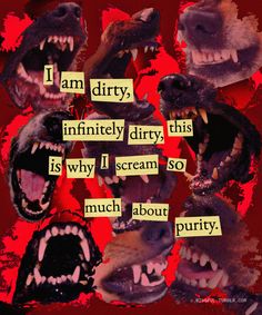 an image of dogs with mouths and words on them that say i am dirty, infinitily dirty, this is why