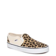 Take your laidback looks to a whole new level donning these women's Vans Asher leopard/antique white/white athleisure sneakers. Made of canvas upper in a slip-on design, these fashion athletic sneakers have leopard prints at the front and heel counter, gore elastic panels for a snug fit and easy on/off wear, low-cut profile and rubber outsole. | Vans Women's Asher Slip-On Sneaker in Leopard/Antique White Size 6 Medium Casual Athletic Shoes, Skate Sneakers, Leopard Prints, Athleisure Sneakers, Women's Vans, Casual Athletic, Athletic Fashion, Athletic Sneakers, Womens Vans