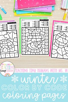 the winter color by code coloring pages are shown with markers, pens and pencils