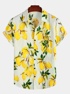 Men's Tropical Yellow Lemon Print Hawaiian Short Sleeve Shirt – Atlanl Concert Streetwear, Lemon Shirt, Casual Man, Hawaii Outfits, Color Party, Hawaiian Outfit, Hawaiian Shorts, Tropical Shirts, Sun Beach