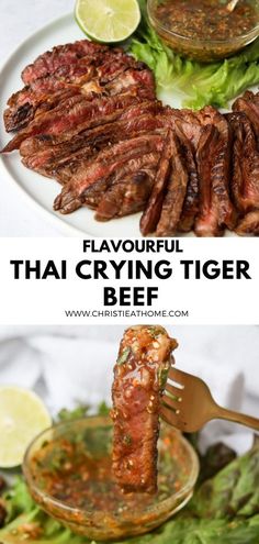 Crying Tiger Beef (Suea Rong Hai). Juicy thin strips of marinated steak served with a delicious spicy Thai dipping sauce that is sweet and tangy. Thai Steak Sauce, Crying Tiger Beef, Thai Dipping Sauce, Traditional Meals, Thai Beef, Thai Sauce, Asian Beef, Spicy Thai, Marinated Steak