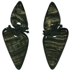 Monies Faux Horn Carved Statement Earrings. Resin is carved and treated to resemble faux horn and black waxed cord is used to attach the earring pendant to each top. Very lightweight and wearable. 1980's. Clip back fittings. Signed. Monies, Gerda Lynggaard, Copenhagen. 3.5" x 1.25". Emerald Diamond Earrings, Spider Earrings, Earrings Resin, Citrine Earrings, Labradorite Earrings, 1920s Art Deco, Couture Vintage, Ruby Earrings, Jade Carving