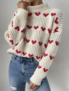 Cozy Heart Print Winter Sweater, Cozy Winter Sweater With Heart Print, Trendy Fair Isle Knit Sweater, Trendy Knit Sweater With Fair Isle Pattern, Heart-shaped Knit Sweater For Winter, Cozy Heart-shaped Sweater, Cute Heart Print Winter Sweater, Cute Winter Sweater With Heart Print, Oversized Heart-shaped Sweater For Winter