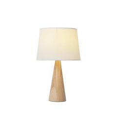 a wooden table lamp with a white shade on the base and a light bulb at the end