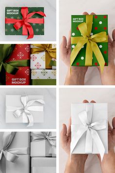 four different wrapped presents being held by two hands, one with a bow and the other without