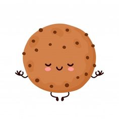 a chocolate chip cookie with its eyes closed and hands in the air, while standing on one leg