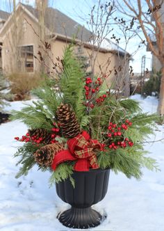 a potted plant with pine cones, berries and evergreens in it on top of snow