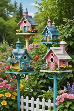 three bird houses are in the middle of some flowers