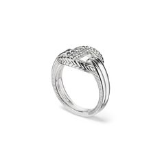 Our Single Link Ring features classic equestrian details in sterling silver. Inspired by the traditional hardware found on saddles, straps, and horse harnesses-- this ring references those elements by highlighting a signature equestrian motif, making a subtle statement. Sterling Silver Width: ½" Rhodium finish to brighten and protect Elegant Sterling Silver Signet Ring, Elegant Adjustable Engraved Ring For Formal Occasions, Elegant Engraved Adjustable Ring For Formal Events, Elegant White Gold Open Band Signet Ring, Elegant Adjustable Engraved Formal Ring, Luxury Adjustable Signet Ring For Formal Occasions, Adjustable Classic Engraved Ring, Classic Silver Jewelry With Palladium Hardware, Elegant Engraved Ring With Polished Finish And Adjustable Fit