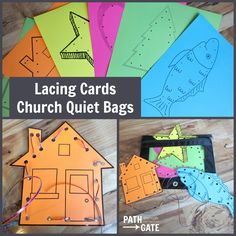 several pictures of different colored cards with the words lacing cards church quiet bags