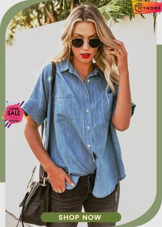 Light Blue Turn-down Collar Short Sleeve Denim Shirt Light Blue Relaxed Fit Denim Top For Summer, Dark Wash Summer Shirt With Pockets, Casual Washed Denim Short Sleeve Top, Casual Washed Denim Top With Short Sleeves, Casual Short Sleeve Denim Top For Spring, Dark Wash Button-up Shirt For Summer, Dark Wash Button Closure Shirt For Summer, Dark Wash Shirt With Button Closure For Summer, Spring Short Sleeve Chambray Denim Top