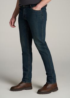 About Our Tall Slim-Fit Jeans Say hello to our popular Tapered men's tall jeans. This pair from our LongJohn & Sons brand has been stitched with a nod to generations past and the American legacy of function and craftsmanship, when jeans were made to last and denim was as comfortable as it was durable. We know the struggles of finding jeans when you're tall, which is why we crafted this pair specifically for guys between 6'3” and 7'1” with extra-long inseams that range from 36” to 40”. The classi Blue Straight Leg Jeans With Zip Fly, Fitted Blue Jeans With Straight Hem, Dark Wash Straight Zip Fly Bottoms, Selvedge Slim Fit Straight Leg Bottoms, Selvedge Straight Leg Slim Fit Bottoms, Classic Blue Straight Bottoms, Blue Straight Fitted Jeans, Blue Fitted Straight Jeans, Fitted Jeans With Welt Pockets And Standard Cut Leg