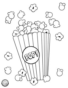 a black and white drawing of a popcorn box with the word pop on it's side