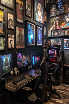 a gaming room with multiple computer monitors and pictures on the wall