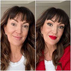 two pictures of a woman with long hair and wearing red lipstick, one is smiling at the camera