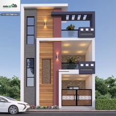 a modern style house is shown in this 3d image, with the car parked next to it