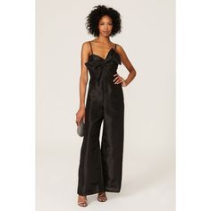 Black satin (100% Polyester). Jumpsuit. Square neckline. Sleeveless. Back zipper closure. 60" from shoulder to hemline. 40" inseam. Imported. Spring Evening Satin Jumpsuits And Rompers, Glamorous Satin Jumpsuits And Rompers For Spring, Chic Formal Satin Jumpsuits And Rompers, Glamorous Spring Satin Jumpsuit, Chic Fitted Satin Jumpsuits And Rompers, Sleeveless Satin Jumpsuits For Evening, Chic Satin Jumpsuits And Rompers For Evening, Chic Sleeveless Satin Jumpsuit, Sleeveless Silk Jumpsuits And Rompers For Party