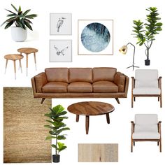 a living room filled with furniture and art on the wall next to a potted plant