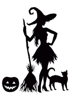 a silhouette of a witch and her cat with a pumpkin on the ground next to it