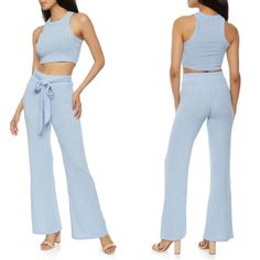 Bnwot, Never Worn And No Flaws. Size Medium Knit Crop Top And Pants Set. Material Is Soft And Stretchy Blue Knit Bottoms For Spring, Blue Ribbed Casual Bottoms, Spring Blue Knit Bottoms, Summer Knit Fitted Pants, Casual Blue Ribbed Bottoms, Spring Blue Ribbed Bottoms, Blue Ribbed Bottoms For Summer, Velvet Sweat Suit, Silk Pant Suit