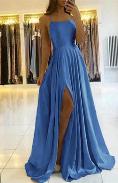 Spaghetti-Straps Prom Dress With Slit PD0178 Sage Prom Dress, Long Hoco Dresses, Stunning Prom Dresses, Prom Dress Inspiration