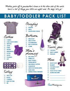 the baby / toddler pack list is filled with items