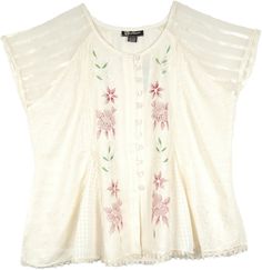 Bohemian Chic Floral Cream Top - A bright but subtle delicate floral lace endorned shirt.  The lace pattern boosts of feminine romance and dolls up a bateau-neck lace top that makes an idyllic piece of clothing. #tlb #Patchwork #Stonewash #Embroidered #Solid #Handkerchief #WesternSkirts Feminine White Tops With Lace Sleeves, Feminine White Top With Lace Sleeves, Feminine Embroidered White Tops, Spring Lace Blouse With Floral Embroidery, Casual Lace Blouse With Lace Work, Feminine Summer Lace Top With Floral Embroidery, Spring Lace Blouse With Crew Neck, Bohemian Short Sleeve Lace Top, Lace Blouse With Floral Embroidery