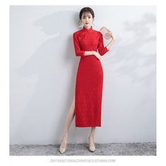 Sexy Tea Length Red Lace Cheongsam Chinese Dress Double Slits Long Sleeve Zipper Back Stand Collar Classic Button - Cntraditionalchineseclothing.com Lace Cheongsam, Lace Formal Dress