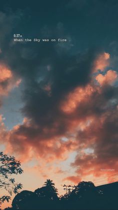 the sky is filled with pink clouds and blue skies, while trees are silhouetted in the foreground