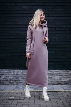 Streetwear hoodie dress for women | handmade. For The Days When You Want To Throw On Something Soft And Cozy.... ** Details: * Style: Maxi; * Occasion: Casual, Dressy, Vacation, Fall/Winter Dressing; * Neckline: Hoodie; * Sleeve: Long; * Pockets: Side Seam; * Fit: Loose; * Fabric: 90% Cotton, 10% Polyester; * Fabric Weight: Medium, Unlined; * Fabric Type: Fleece; * Fabric Pattern: Hoodie Fleece - Fuzzy, Plush Inside; * Colors: red, pink, mocco, light green, lavender, black, emerald, dark blue, d Hoodie Dress Outfit, Long Hoodie Dress, Asymmetrical Sweatshirt, Oversized Hoodie Dress, Summer Tunic Dress, Winter Dressing, Hoodie Dresses, Winter Model, Casual Dressy