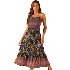 Add a completely cute and unique vibe to your look with this floral A-line dress. Pair with heels or sandals for a sweet look. This short-sleeved dress with spaghetti strap and boho floral design highlights your stylish wearing style in the crowd. Pair with pretty bags and high heels to complete the fashion look. A nice choice for honeymoons, vacations, and so on. Summer Spaghetti, Midi Sundress, Maxi Sundress, Ballet Dress, Boho Floral Dress, Floral Sundress, Women Maxi, Navy Blue Dresses, Chic Woman