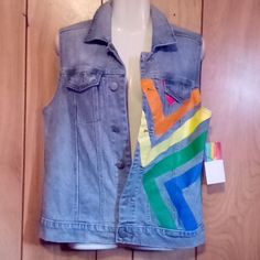 Multi Color Asymmetrical Stripe Blue Jean Vest Multicolor Denim Summer Outerwear, Trendy Blue Denim Vest With Snap Buttons, Trendy Spring Denim Vest With Snap Buttons, Casual Multicolor Denim Jacket For Summer, Yellow Denim Jacket For Spring, Casual Yellow Denim Jacket, Blue Jean Vest, Jean Vest, Denim Button Down