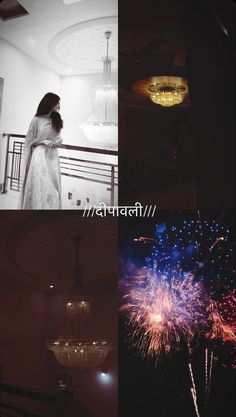 fireworks are lit up in the night sky above a woman standing on a balcony with chandelier