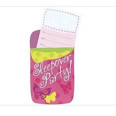 a sleepover party card in a pink pocket with butterflies on the front and bottom