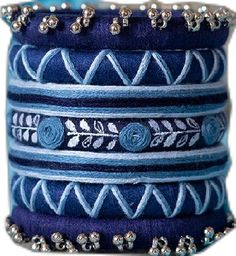 Blue Traditional Bangle For Festive Occasions, Traditional Embroidered Bangle Jewelry, Traditional Embroidered Bracelet As Gift, Multicolor Embroidered Bangle Jewelry, Traditional Blue Wedding Bangle, Traditional Embroidered Bracelets For Gift, Traditional Blue Bangle For Weddings, Traditional Embroidered Bracelets For Festive Occasions, Festive Handwork Bangle Jewelry