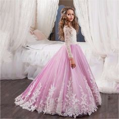 2017 New Flower Girl Dress Long Sleeves O Neck Girls Pageant Gowns Holy Lace Communion Dresses For Girls Birthday Party Dress Kids Prom Dresses, Baby Girl Princess Dresses, Long Flower Girl Dresses, Long Sleeve Ball Gowns, Girls Ball Gown, 파티 드레스, Girls Pageant Dresses, Princess Ball Gowns, Pageant Gowns